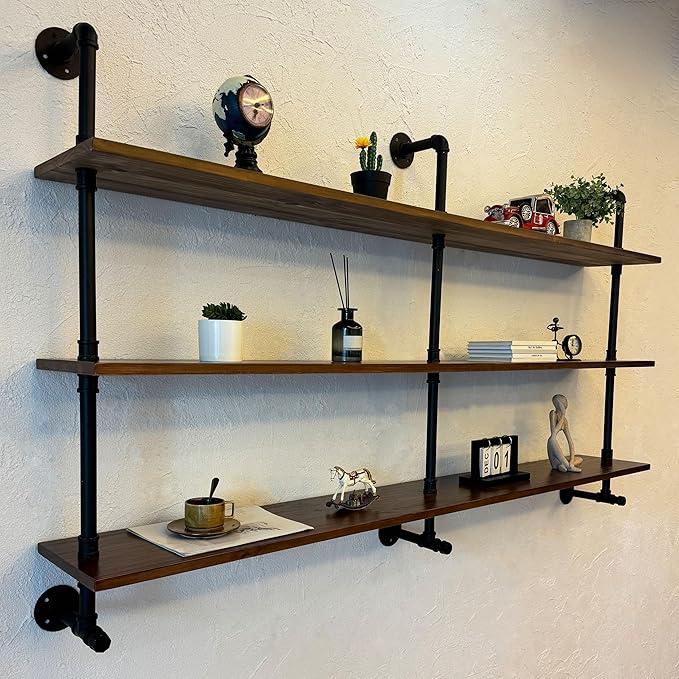 ROGMARS Industrial Pipe Wall Shelves Pipe Shelving with Real Wood Plank,70 Inches Floating Shelves for Wall Farmhouse Pipe Book Shelves Dark Brown 3Tier for Kitchen,Living Room Decor and Bar Shelving-Ruum Studio Home
