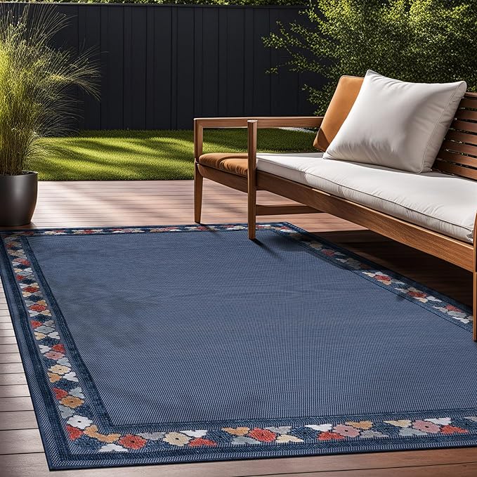 Beverly Rug Outdoor Rug 9x12 Modern Bordered Large Area Rugs for Indoor and Outdoor Patio Easy to Clean Non Shedding Living Room Porch Garden Washable Outside Carpet (9 x 12 Blue)-Ruum Studio Home
