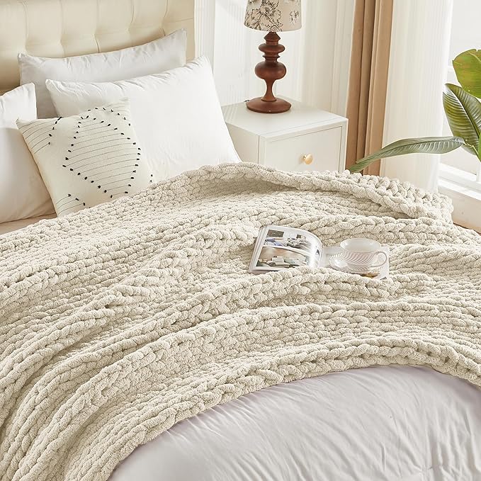Carriediosa Chunky Knit Throw Blanket 50" X 60", 100% Hand Made Large Chenille Loop Yarn Soft Fluffy Throws for Couch Sofa Bed, Big Crochet Cozy Heavy Thick Cable Woven Blanket, Light Beige-Ruum Studio Home