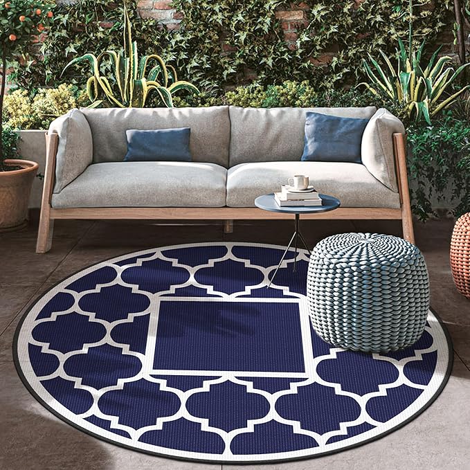 GENIMO 8' Round Outdoor Rug Waterproof for Patio Decor, Foldable Reversible Plastic Straw Area Rugs Mat for Rv, Outside Carpet for Camper, Deck, Picnic, Beach, Balcony, Camper, Blue & White-Ruum Studio Home