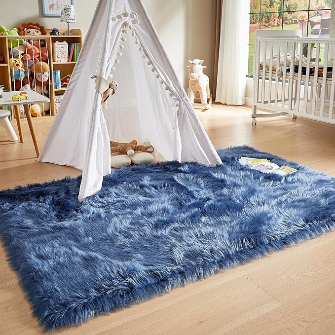 AMTOVO Faux Fur Sheepskin Rug for Living Room, 4 x 6 ft Dark Blue Fluffy Area Rug for Bedroom, Playroom, Luxury Room Decor, Rectangle-Ruum Studio Home