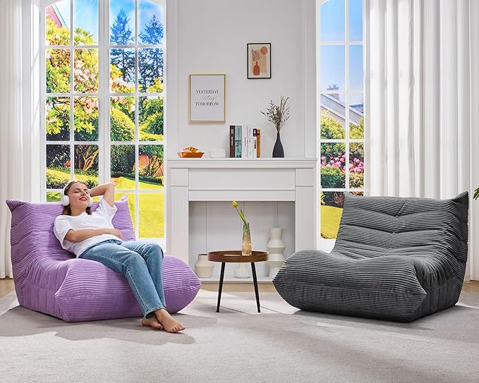 Bean Bag Chairs for Adults Giant Bean Bag Chair Memory Foam BeanBag Chair Big Bean Bag Sofa with Filler Faux Fur Fireside Beanbags Lazy Sofa for Living Room Bedroom Dorm Office (Purple Corduroy)-Ruum Studio Home