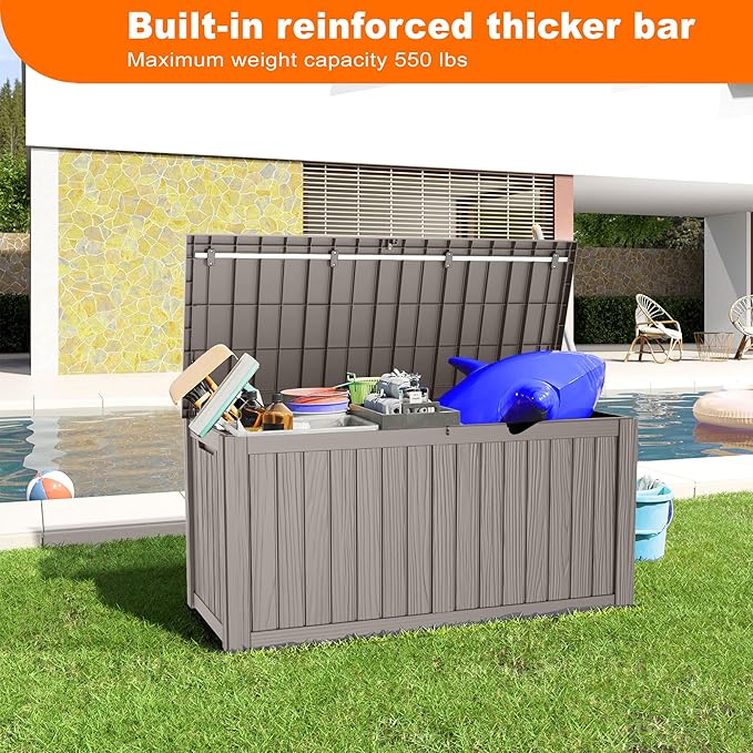 150 Gallon Resin Deck Box, Lockable Patio Outdoor Storage Box for Furniture, Garden Tools and Tools Storage, Waterproof Outside Storage Boxes - Grey-Ruum Studio Home