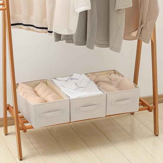Linen Folding Storage Bins, 3 Pack Large Storage Baskets, Washable, Clothing Storage Bins with Handle, Closet Organizer for Storage Sweater,Sheets (Beige, 16"x9½"x6¾")-Ruum Studio Home