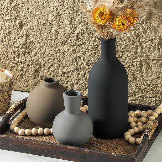 Ceramic Vase Set of 3 | Neutral Vases Home Decor | Modern Flower Pottery Vases Rustic Farmhouse Vase for Table Entryway Mantel Centerpiece Bookshelf Living Room Bathroom Bedroom -Multicolor Large-Ruum Studio Home