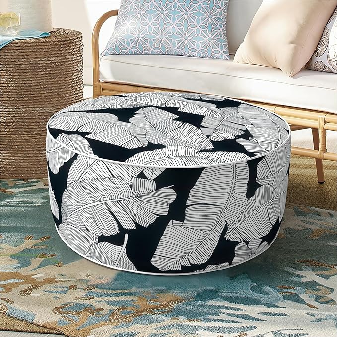 Inflatable Ottoman Stool D21 xH9 for Outdoor/Indoor Use, Water Repellent Patio Foot Rest Stool with Portable Handle,Round Pouf Ottoman Suitable for Garden,Deck and Camping - Black Leaves-Ruum Studio Home