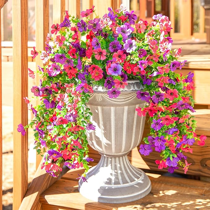 Artificial Faux Hanging Flowers Plants for Spring Outdoor Outside Decoration, 2 PCS Fake Silk Daisy with Eucalyptus UV Resistant Realistic Trailing Vines for Balcony Patio Porch (Darkpurple+Hotpink)-Ruum Studio Home