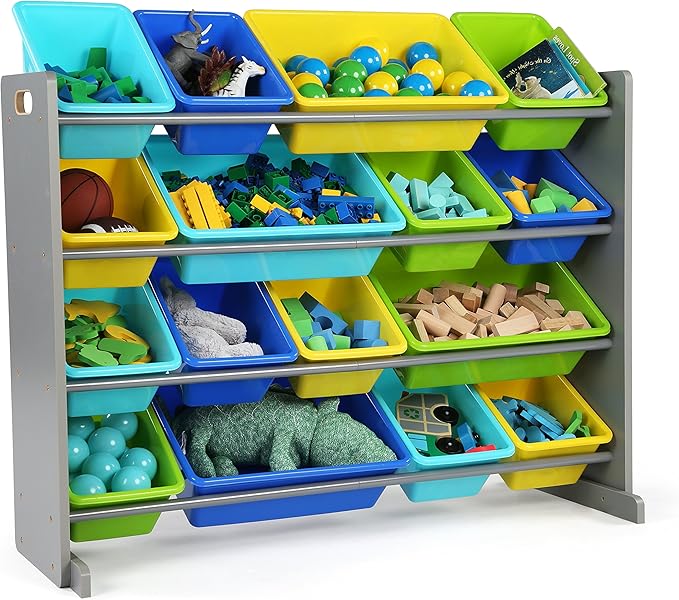 Humble Crew Supersized Toy Storage Organizer with 16 Removable Bins, Grey/Blue/Green/Yellow – Large Toy Storage for Toddlers Ideal for Kids' Rooms, Playrooms, and Nurseries - Modern Toy Bins for Kids-Ruum Studio Home