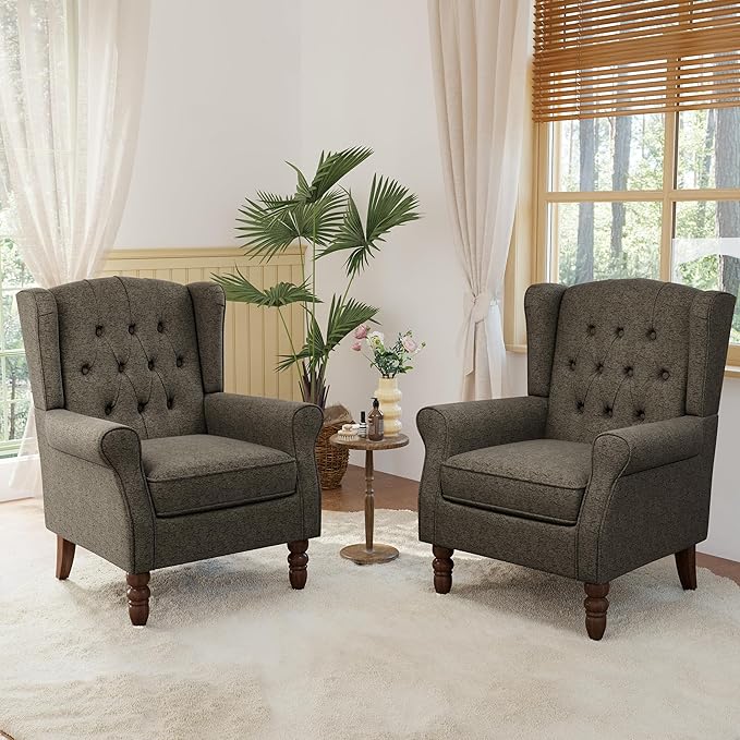 Lumibee High Back Accent Chair Set of 2,Upholstered Wingback Armchair with Solid Wood Legs for Small Spaces,Comfy Single Sofa Chair for Living Room,Bedroom,Office-Taupe-Ruum Studio Home