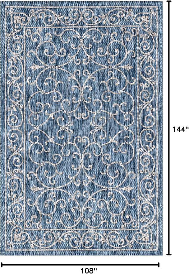 JONATHAN Y Vintage Filigree Indoor Outdoor Area Rug 9X12 Navy/Gray, Charleston Textured Weave for Backyard, Patio, Porch, Easy-Cleaning, High Traffic, Pet-Friendly, Non-Shedding (SMB106D-9)-Ruum Studio Home