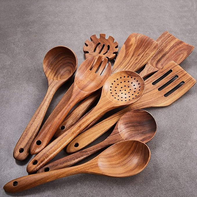 Wooden Kitchen Utensils Set,GUDAMAYE 9 PCE Natural Teak Wooden Spoons For Non-stick Pan for Cooking,-Ruum Studio Home