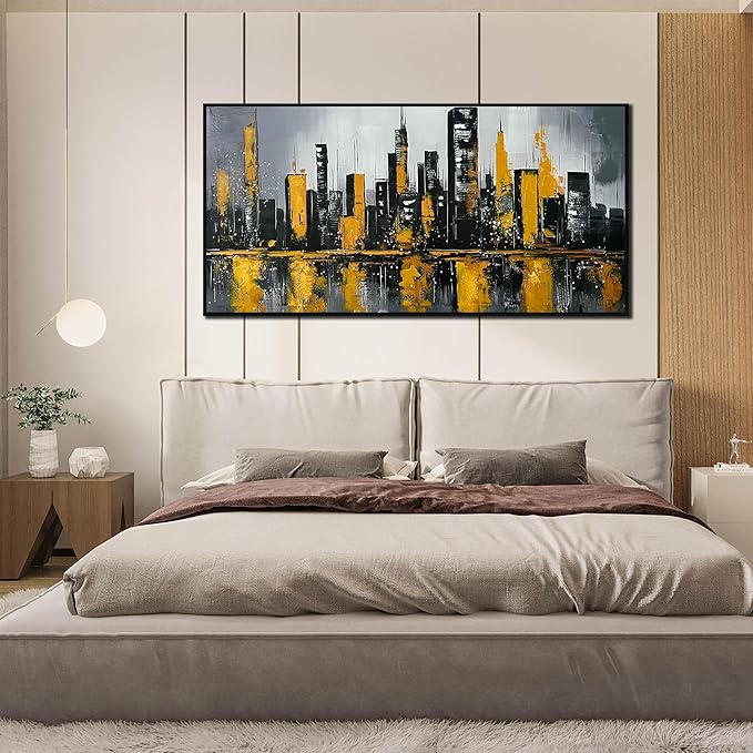 New York City Wall Art for Living Room - Hand Painted Canvas Wall Art for Office - Big Picture Frames for Wall Size 29" x 59"-Ruum Studio Home