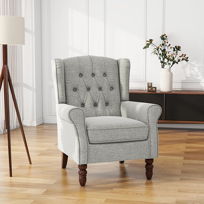UIXE High Back Accent Chair, Upholstered Armchair in Fabric, Retro Wingback Arm Chair for Living Room, Comfy Single Sofa Bedroom Reading Seat with Solid Wood Legs - Light Gray-Ruum Studio Home