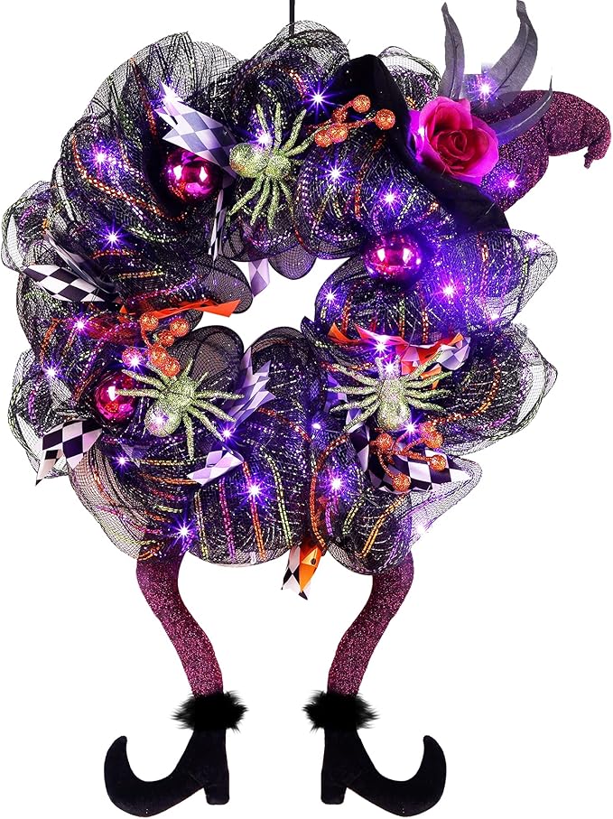 Lulu Home Halloween Front Door Wreath, Purple LED Lighted Witch Hat Wreath, Battery Operated, NOT PRELIT-Ruum Studio Home