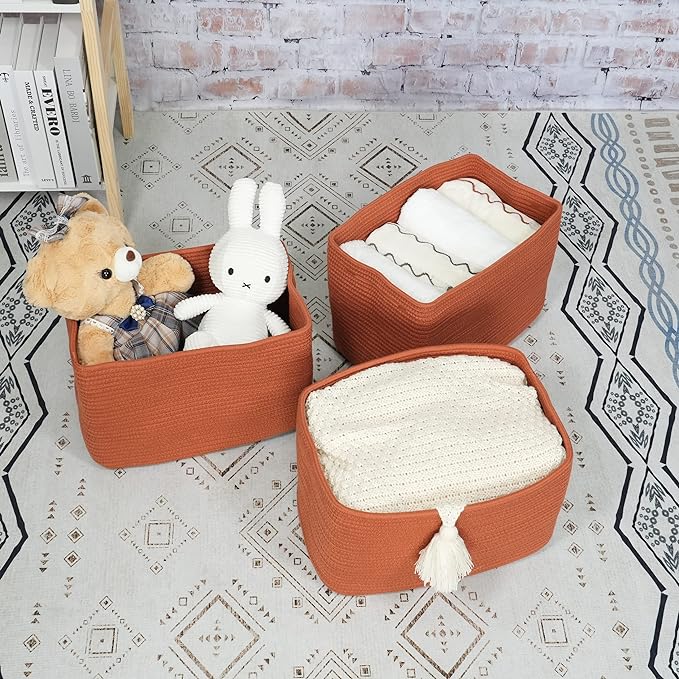 Cotton Rope storage Basket Bins Woven Basket for Organizing Shelves Rectangle Decorative Baskets For storage Clothes Toys Books Towels Square Wicker Nursery basket organizer 3 pack Rust-Ruum Studio Home