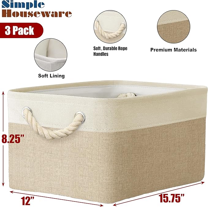 SIMPLE HOUSEWARE Large Fabric Storage Bin, 15.7" x 12" with Braided Handles, 3 Pack, Beige-Ruum Studio Home