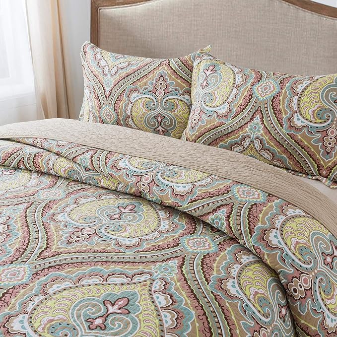 NEWLAKE Cotton Bedspread Quilt Sets-Reversible Patchwork Coverlet Set, European Paisley Blossom Pattern, King Size-Ruum Studio Home