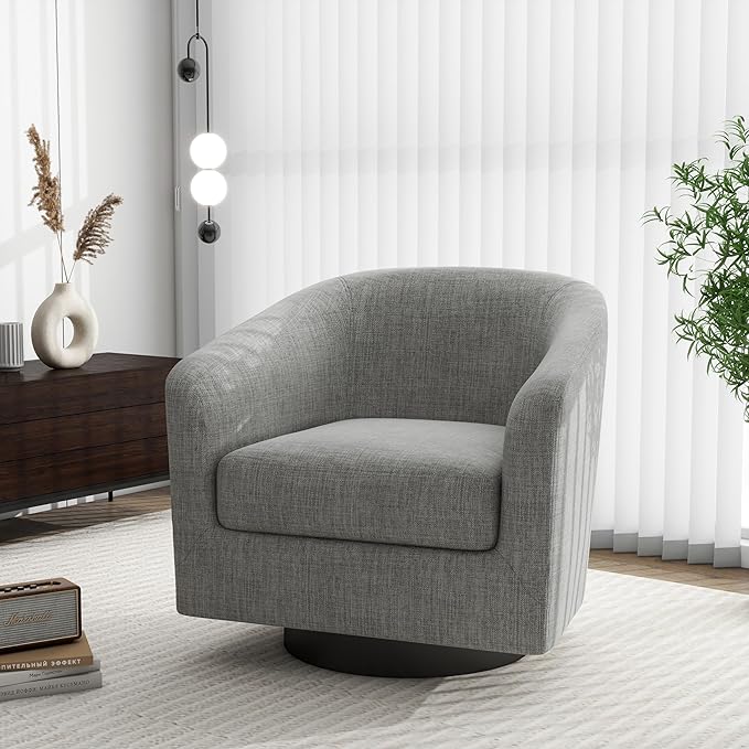 Swivel Barrel Accent Chair, Modern Round Linen Arm Chair for Living Room, Bedroom, Comfy Club Reading Chairs for Adults（Linen Fabric, Light Grey, Set of 1-Ruum Studio Home
