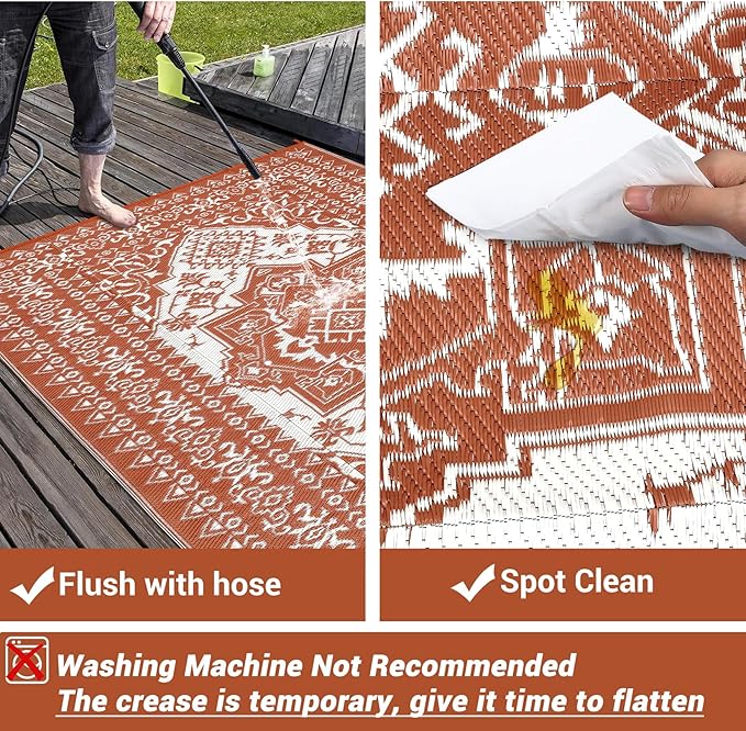 GAOMON Large Outdoor Plastic Straw Rug 10x14 Waterproof Patio Rug Reversible Foldable Portale Camping Mat with Stakes & Bag, Vintage Boho Outside Carpet for RV Garden Deck Porch, Orange Red-Ruum Studio Home