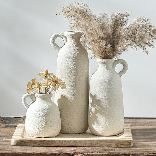 Ceramic Vase Set of 3 with Handle, Neutral Rustic Vases Home Decor Farmhouse Decorative Vase Whitewashed Pottery Decor Modern for Table Mantel Entryway Bookshelf Living Room Kitchen Bedroom - White-Ruum Studio Home