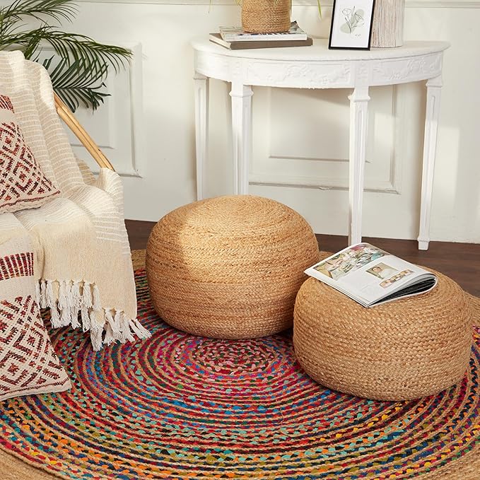 REDEARTH · Jute Circular Pouf Ottoman - Braided Pouffe Accent Sitting Round Footrest for Living Room, Bedroom, Nursery, kidsroom, Patio, Gym; 100% Jute Set of 2 (19.5"x19.5"x14"; Jute Natural)-Ruum Studio Home