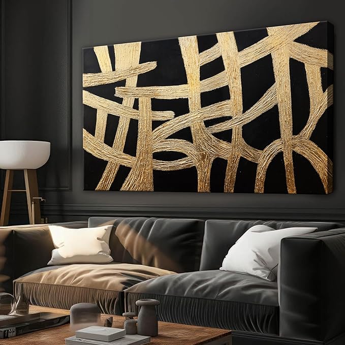 Abstract Wall Art Paintings Wall Decor Large Canvas Wall Art Decor Black And Gold Lines Texture Wall Art Artwork Modern Minimalist Wall Art Living Room For Room Bedroom Office Wall Decor 29"X58"-Ruum Studio Home