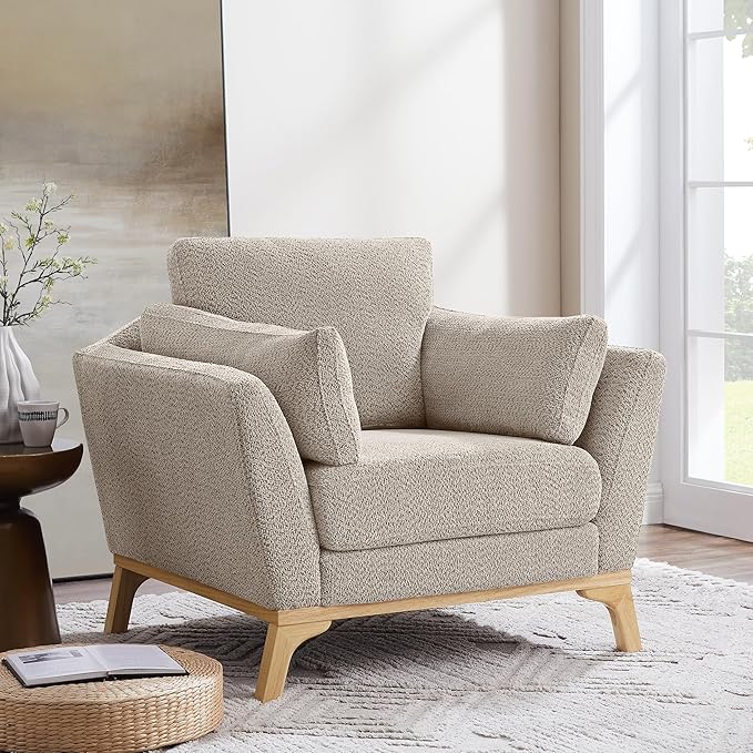 Large-Sized Accent Chair, Thick Cushion Bedroom Reading Chair, Comfortable Living Room Single Sofa， Boucle Camel-Ruum Studio Home