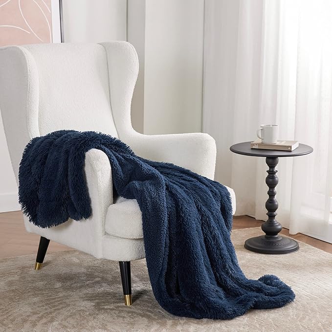 Bedsure GentleSoft Fuzzy Faux Fur Twin Blanket, Navy Blue Cozy Gifts for Men, Soft Sherpa Fleece Plush Warm Minky Thick Blanket Twin Size for Bed, Navy Dorm Decor Blue Gifts for Boys, 60x80-Ruum Studio Home