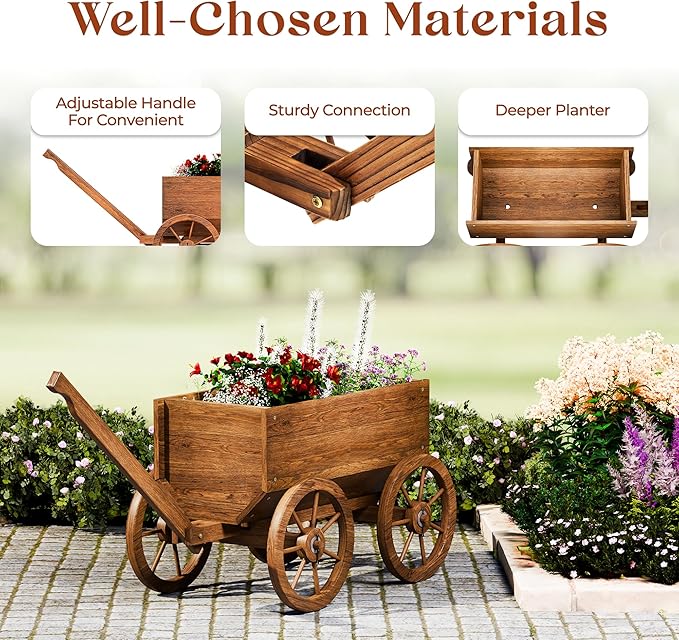 Wood Wagon Planter for Outdoor Balcony Decor - Garden Rustic Wooden Flower Cart with Wheels for Outside - Garden Decor - Amish Decorative Indoor - Wheelbarrow Planter for Patio-Ruum Studio Home
