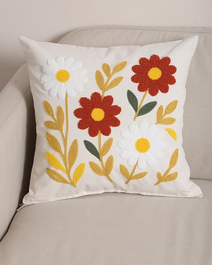 Throw Pillow Cover with Sunflower Embroidery – 18x18 inch Handmade Punch Needle Cushion – 100% Cotton Decorative Pillow for Couch, Bed or Living Room – Boho Floral Home Decor-Ruum Studio Home