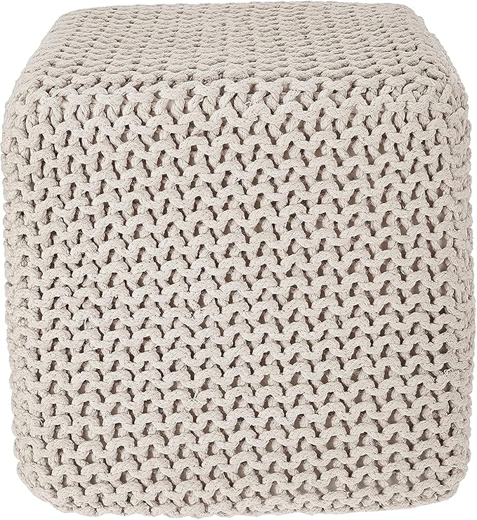 REDEARTH Square Pouf Ottoman Foot Stool - Hand Knitted Bean Bag - Cord Boho Pouffe - Accent Poof for Living Room - Nursery - Bedroom - Kids Bedroom - Patio - 100% Cotton (16" x 16" x 16") - Ivory-Ruum Studio Home