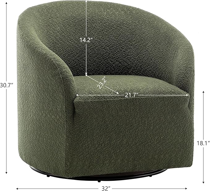 KINWELL 32" Wide Modern Boucle Swivel Barrel Chair, No Assembly Round Upholstered Swivel Accent Armchair for Living Room, Bedroom, Office (Green)-Ruum Studio Home