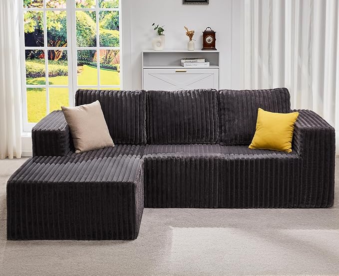 Hobestluk Modular Sectional Sofa Memory Foam Couch Oversized Sectional Sofa 3-Seater with Chaise Cloud Couch with Removable Cover L Shape Sofa for Living Room (Strip Grey, 3-Seater with Chaise)-Ruum Studio Home