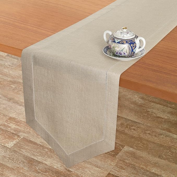 D'Moksha Homes Natural Linen Table Runner 108 Inches Long - 100% Pure Linen Diamond Table Runner 14 x 108 Inch for Dining, Fall and Halloween - Machine Washable-Ruum Studio Home