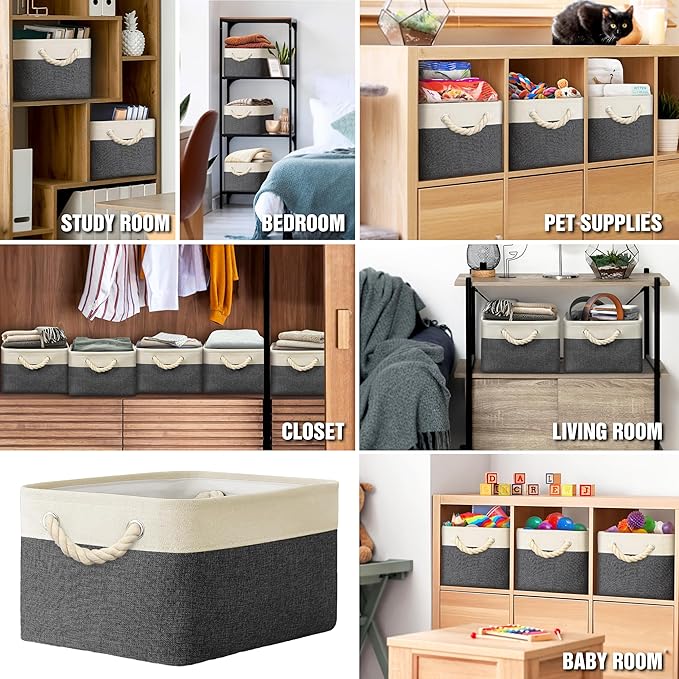 SIMPLE HOUSEWARE Large Fabric Storage Bin, 15.7" x 12" with Braided Handles, 3 Pack, Dark Gray-Ruum Studio Home