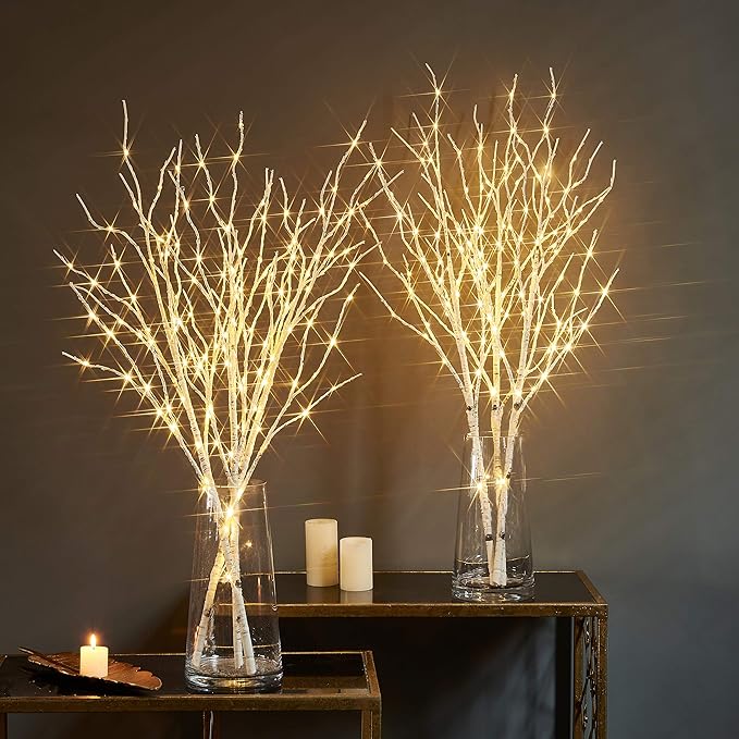 Fudios Lighted Branches 150 LED Fairy Lights with Timer 32in Plug in, Electric Lit White Birch Twigs for Vase Christmas Inside Outside Decor 1 Set-Ruum Studio Home