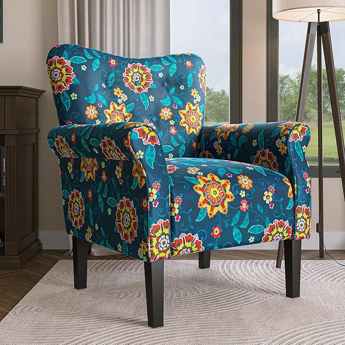 BELLEZE Modern Accent Chair for Living Room, High Back Linen Armchair with Wooden Legs, Upholstered Wingback Side Chair Padded Armrest Single Sofa for Living Room, Bedroom - Allston (Blue & Flower)-Ruum Studio Home