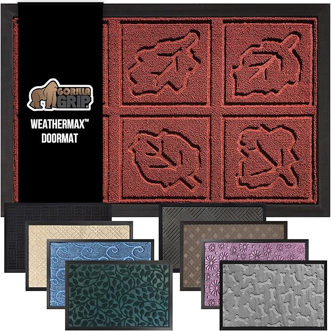 GORILLA GRIP 100% Waterproof All-Season WeatherMax Doormat 35x23, US Designed Natural Rubber, Stain and Fade Resistant, Low Profile Indoor Outdoor Door Mats, Easy Clean Patio Mat, Burgundy Leaves-Ruum Studio Home