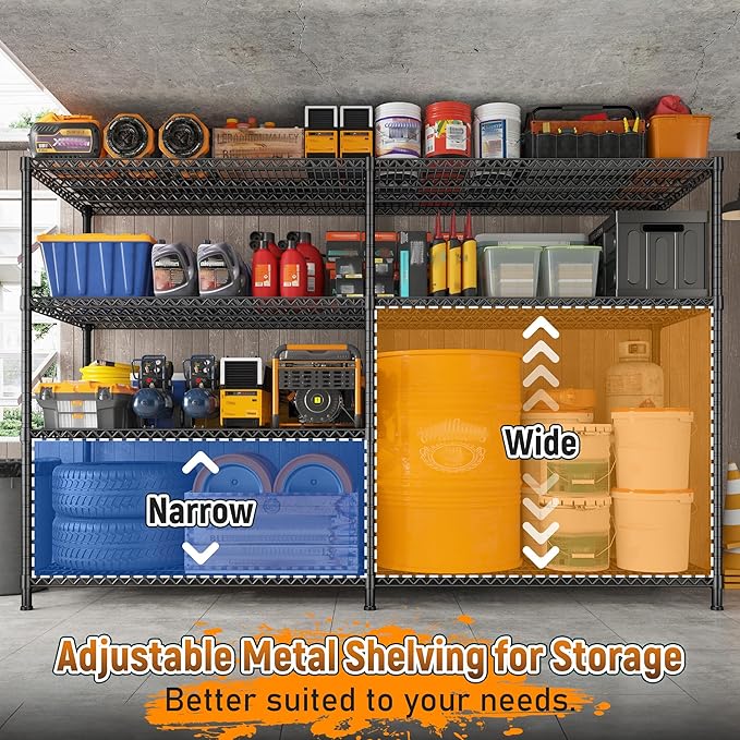 REIBII 81.5''W Storage Shelves 3680LBS Garage Shelving Heavy Duty 4 Tier Metal Shelving Unit Adjustable Wire Shelf and Storage Pantry Shelves for Kitchen Garage, 81.5Wx23.62Dx70.86H，Black, 2PCS-Ruum Studio Home