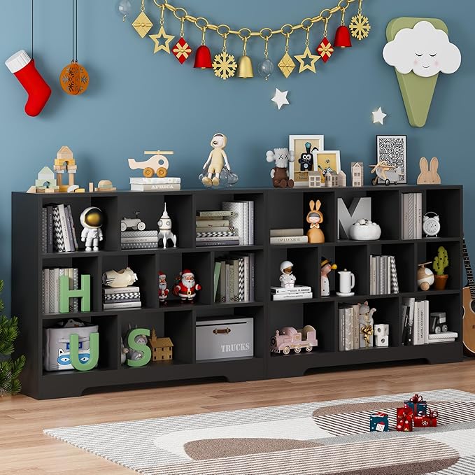Book Shelf, 10 Cubes Storage Organizer, Freestanding Black Bookshelf Cube Shelf for Bedroom, Living Room, 3-Tier Open Bookshelf Wooden Bookcase-Ruum Studio Home