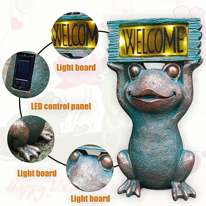 Frog Solar Welcome Garden Statues Outdoor Décor- Frog Figurines Solar LED Light Lawn Ornaments - Yard Decorations for Patio, Balcony, Backyard -Unique House Warming Gifts for Mom-Ruum Studio Home
