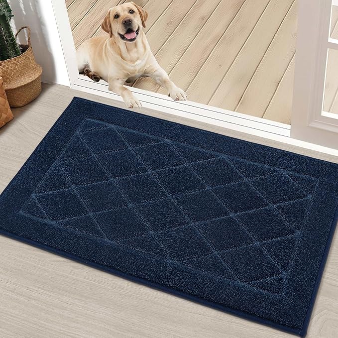 BEQHAUSE Dirt Trapper Door Mat 20" x 32", Doormat Non-Slip Entryway Rugs Washable, Dog Door Mat Stain Resistant and Absorbent Welcome Floor Mat for Front Back Door, Muddy Wet Shoes & Paws, Navy Blue-Ruum Studio Home