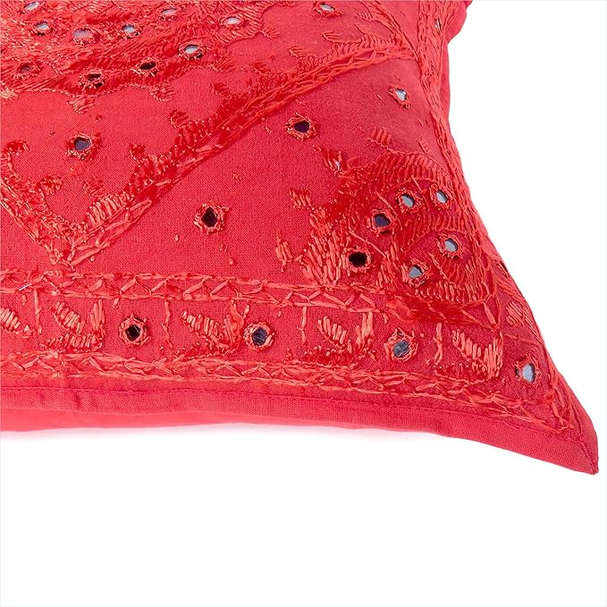 Eyes of India Embroidered Decorative Boho Throw Pillow Cover with Mirrors, Handmade Bohemian Accent Cushion Case for Sofa Couch Bedroom Living Room (Red, 16" x 16")-Ruum Studio Home