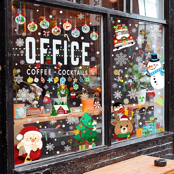Christmas Window Clings - Christmas Large Window Stickers for Glass Window, Reusable Static Vinyl Double-Sided Winter Decals, Cute Snowflake Snowman Holiday Xmas Decorations, 197 PCS/9 Sheet-Ruum Studio Home