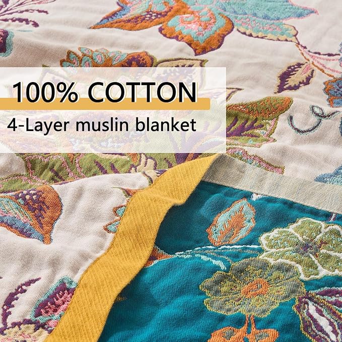 Boho Throw Blanket Reversible Muslin Bohemian Tapestry, Flower Decorated Bohemian Sofa Blanket, Lightweight Breathable 100% Cotton Throw Blanket, Chair Blanket, 50"x60"-Ruum Studio Home
