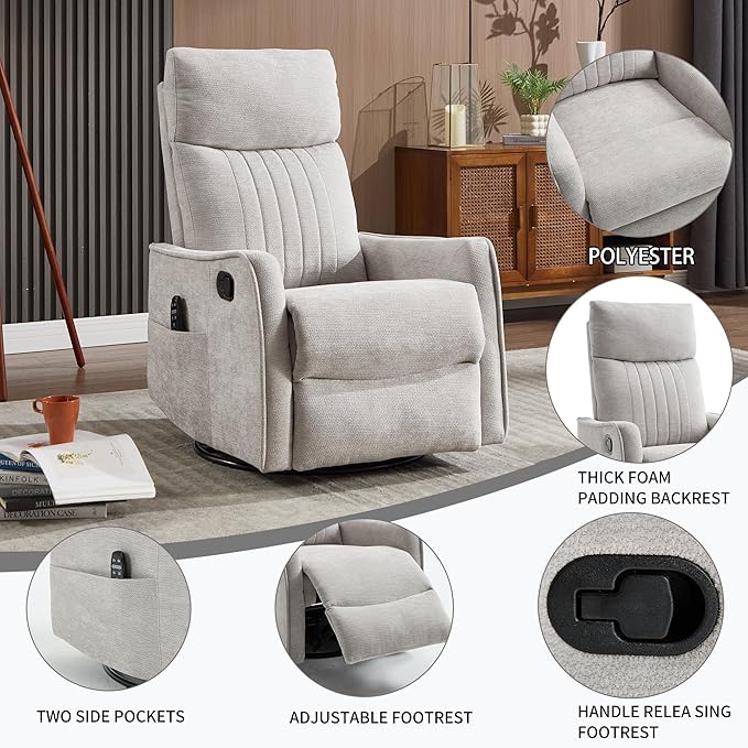 Manual Swivel Rocker Recliner Chair for Adults, Overstuffed Reclining Glider Chair for Nursing with Vibration Massage & Heat, Living Room Rocking Recliner 2-Stage backrest, Chenille Fabric Light Gray-Ruum Studio Home