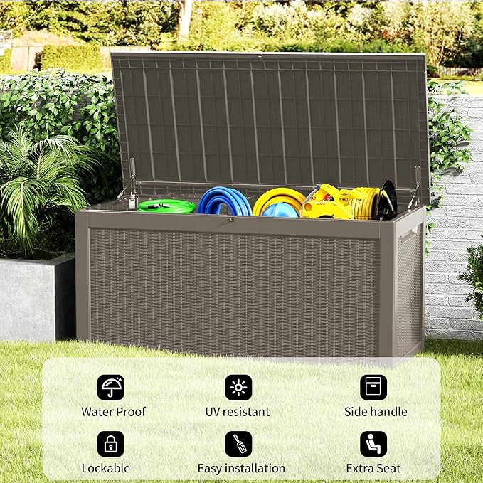 320 Gallon Outdoor Storage Box Patio Deck Box Waterproof, Resin Lockable Outside Large Storage Bin for Pool Cushion Furniture, Garden Tools UV-Resistant, Grey-Ruum Studio Home