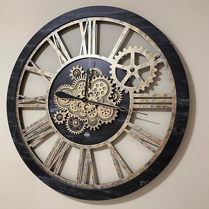 The Gears Clock 36'' Inch Real Moving Gear Wall Clock Vintage Industrial Oversized Rustic Farmhouse (Vintage Black Wood and Bronze)-Ruum Studio Home