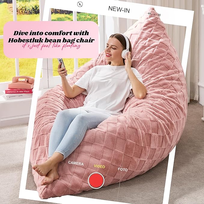 Hobestluk 3 in 1 Bean Bag Chair Giant Bean Bag Chairs for Adults with Plaid Cover Convertible Bean Bag Floor Cushion with Machine Washable Cover for Living Room (Plaid Pink)-Ruum Studio Home
