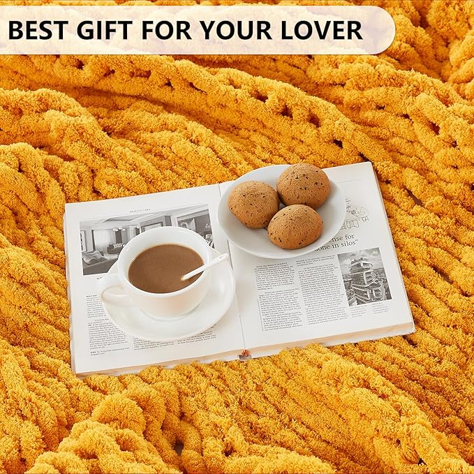 L'AGRATY Chunky Knit Blanket Throw - Soft Throw Blanket 50x60: 100% Hand Knitted Chenile Crochet Throw for Home Decor - Mustard Yellow-Ruum Studio Home